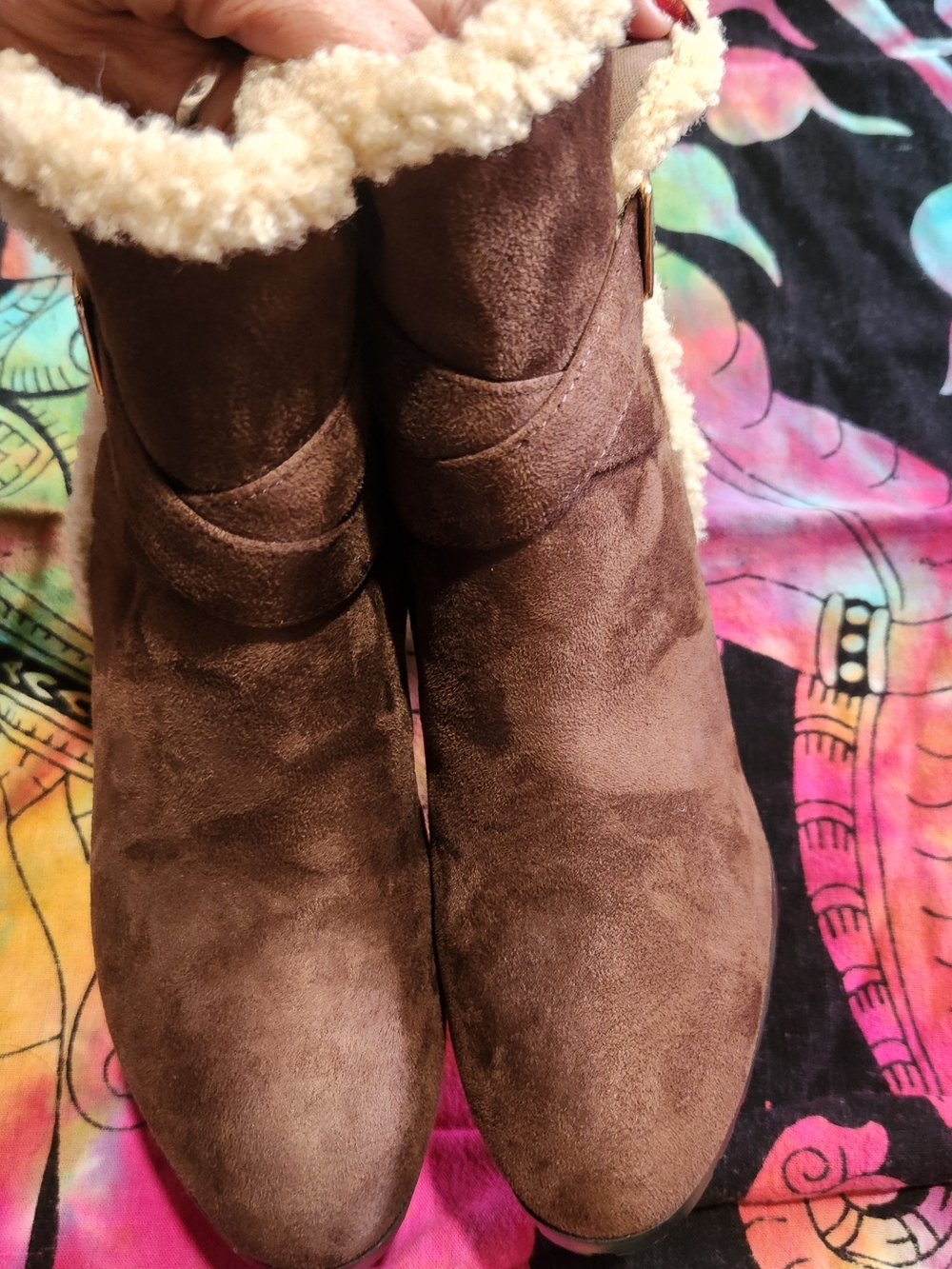 Impo Brown Faux Suede Sherpa-Trim Ankle Booties